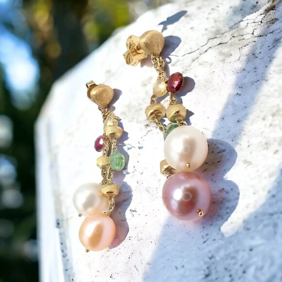 Authentic! Marco Bicego 18k Yellow Gold Paradise Multicolor Gems Pearl Earrings - Picture 2 of 10
